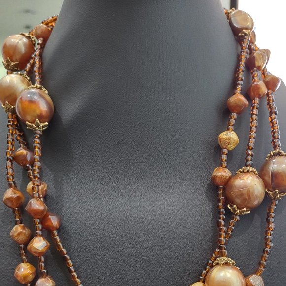 Jewelry - Vintage Brown, Gold and Amber Beaded Necklace and Earring Set